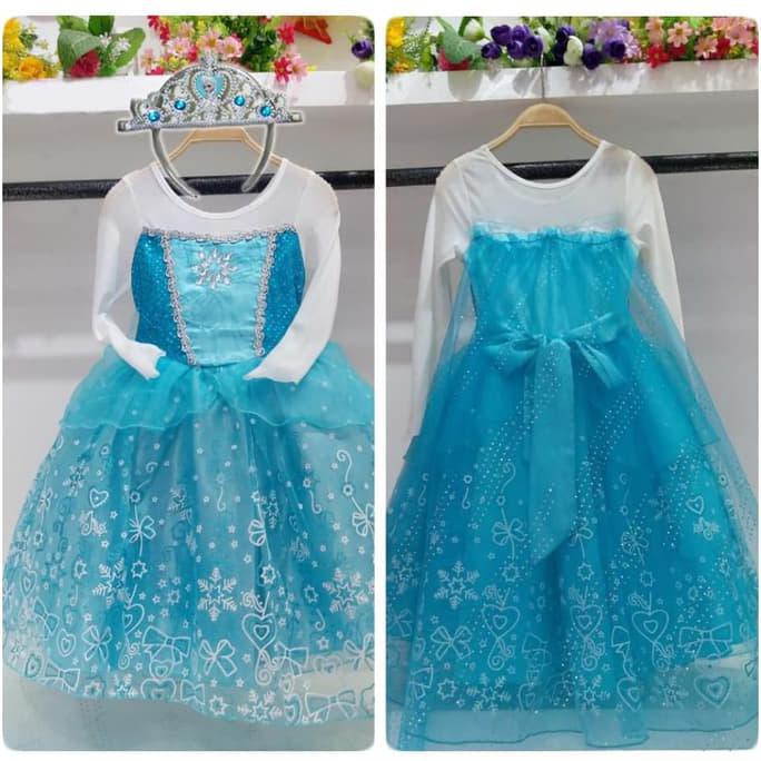 Baju Anak Dress Kostum Frozen Elsa Rok Motif (10) + Bando Mahkota Elsa - Size 14 SUPER MURAH