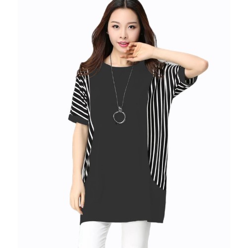 Fifi FASHION Blouse Tangan Pendek Wanita Gaya Korea Kombinasi Salur - Carol