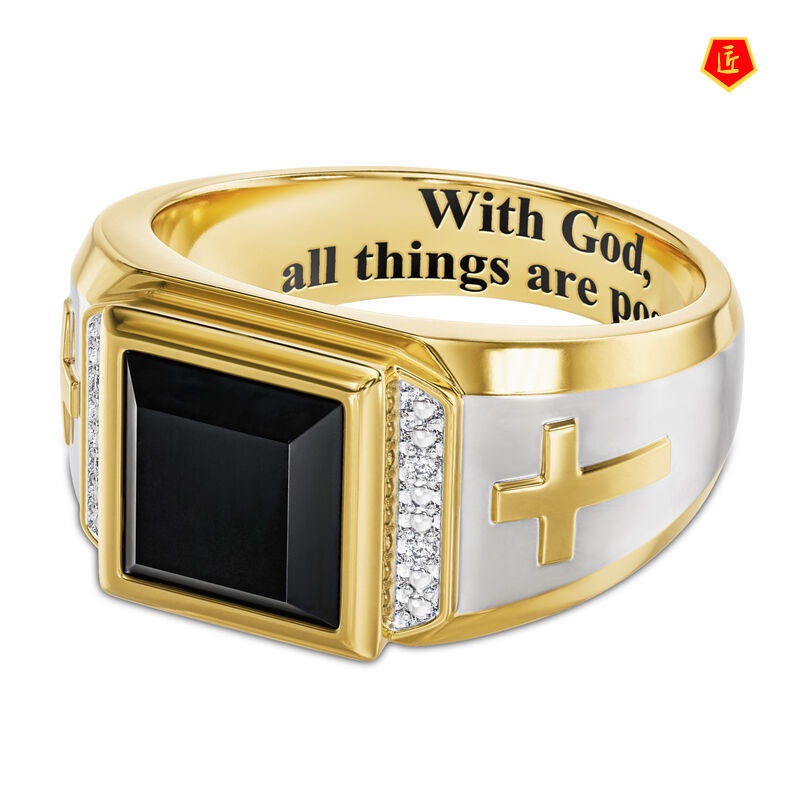 [Ready Stock]Men's Fashion Personality Cross Black Agate Ring