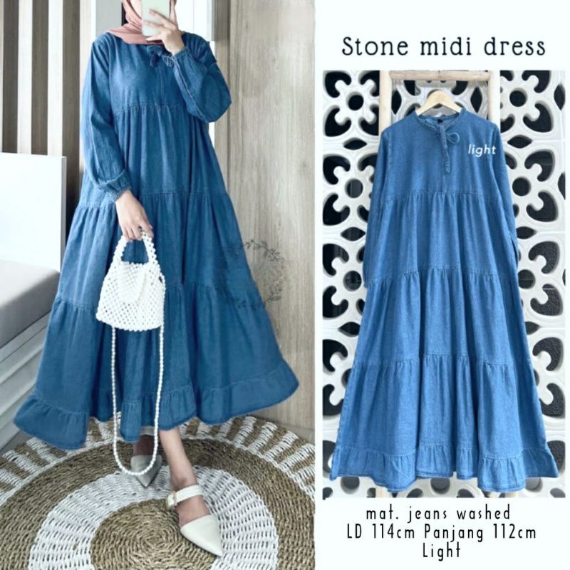 Stone Midi Dress Wanita Jumbo Jeans Washed LD 120
