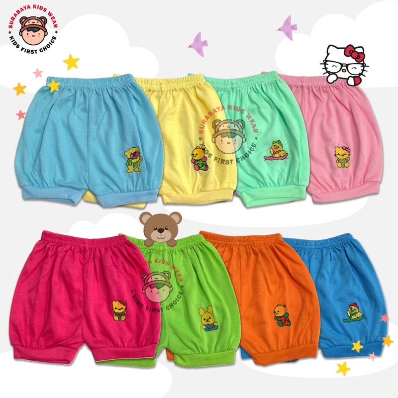 Celana Pendek Anak / Bayi Katun Polos Warna Stabilo Bordir Animal