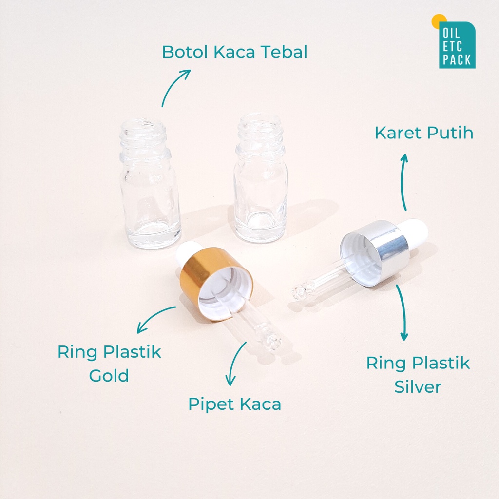 Botol Pipet Dropper Kaca Mini Clear Ring Silver &amp; Gold 5ml Tebal / Wadah Kosong Refill Serum &amp; Parfum &amp; Oil &amp; Tetes Mata &amp; Propolis / Travel Kit Murah