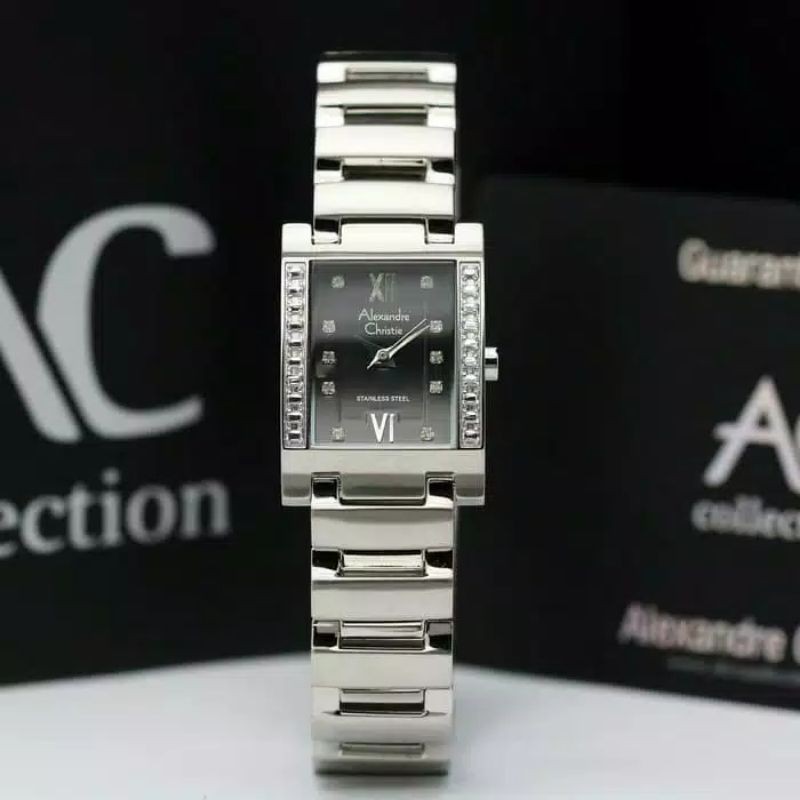 ALEXANDRE CHRISTIE WANITA MEWAH 8040 LH BLACK SILVER BENTUK MODEL SEGI  FASHION . GARANSI 1 TAHUN