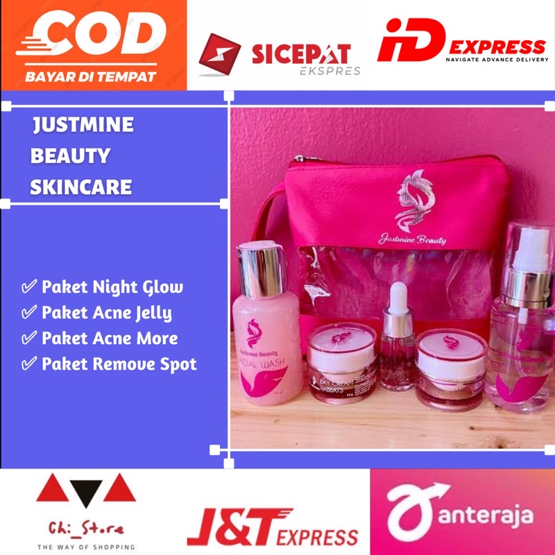 Justmine Beauty Skincare Night Glow Acne Jelly Acne More Remove Spot krim cream paket perawatan pemu