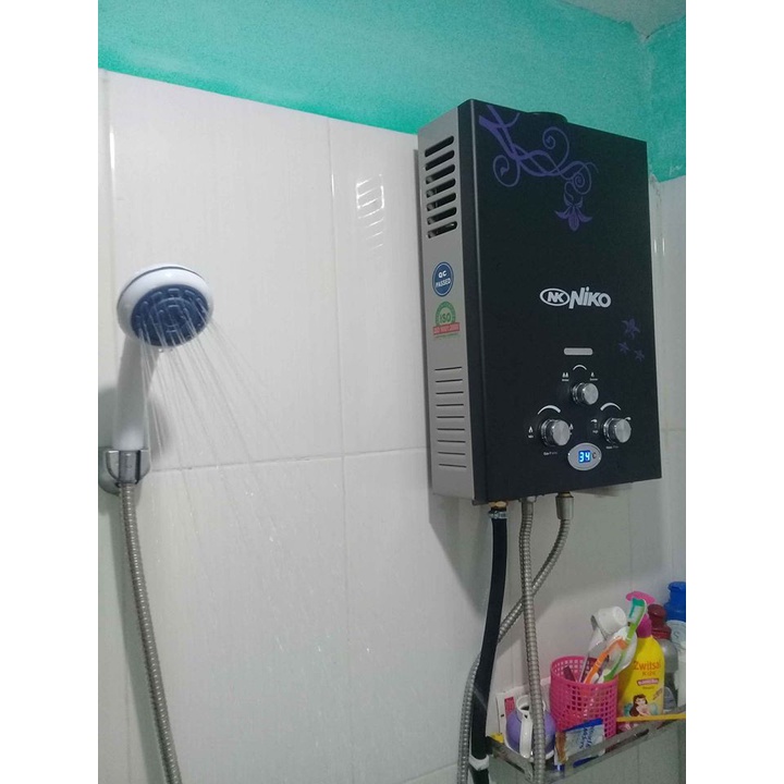 Paket Komplit Water Heater Gas - Pemanas Air Kamar Mandi Tanpa Listrik Niko Hitam