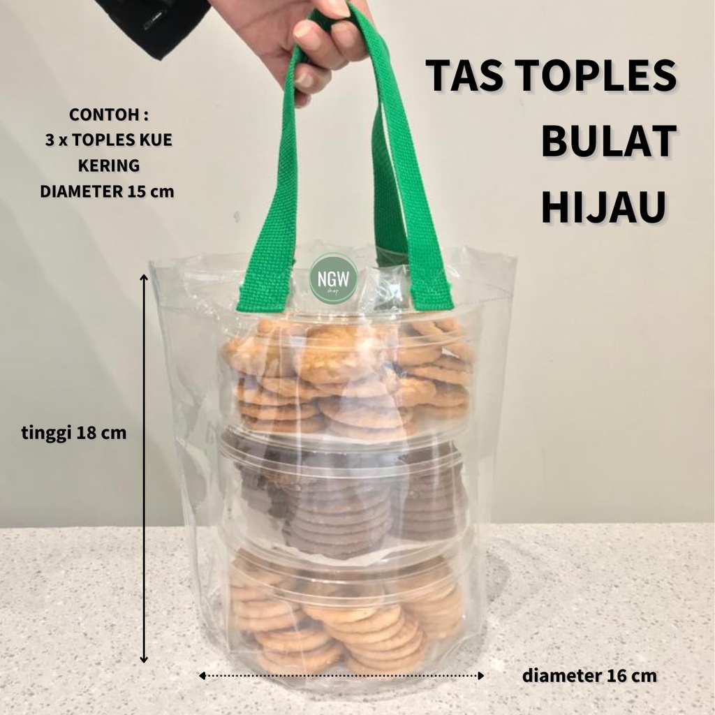 Tas toples bulat kue kering kuker hampers handle hijau diameter 16 x tinggi 18 ecer (muat 3 toples)