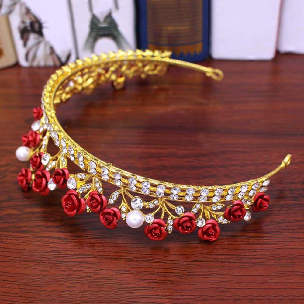 Needway Tiara Pengantin Perhiasan Pernikahan Vintage Warna Emas Bando Mawar Merah Berlian Imitasi Rambut Mahkota