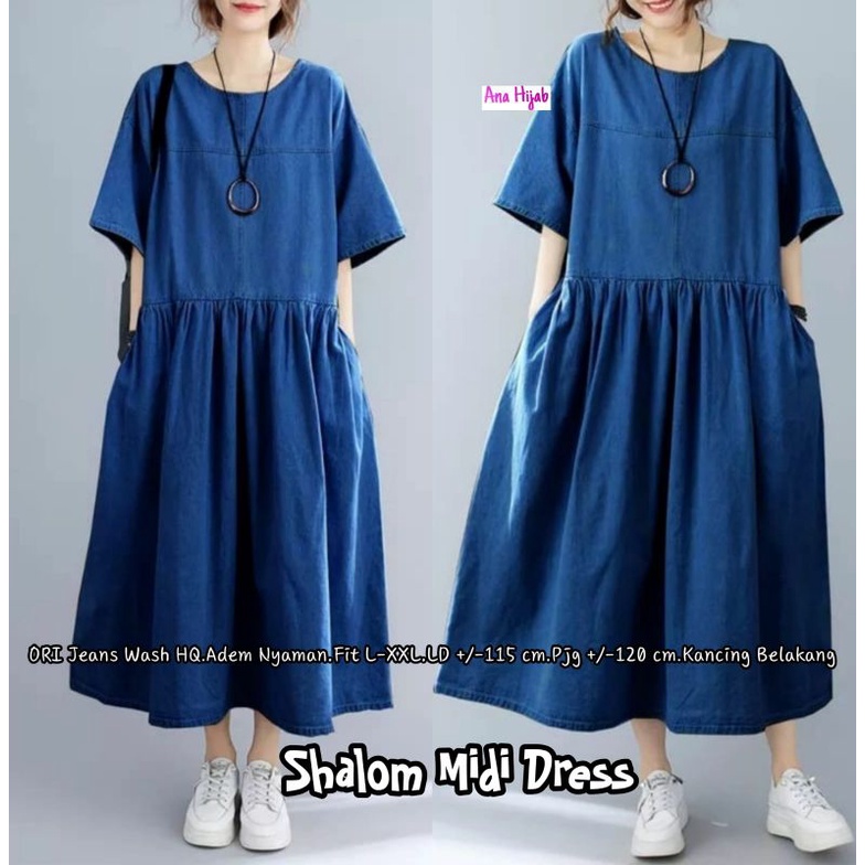 MIDI DRESS WANITA JUMBO/MIDI WANITA ORI JEANS WASH HQ JUMBO LD 115 CM FIT XXL/SHALOM MIDI DRESS
