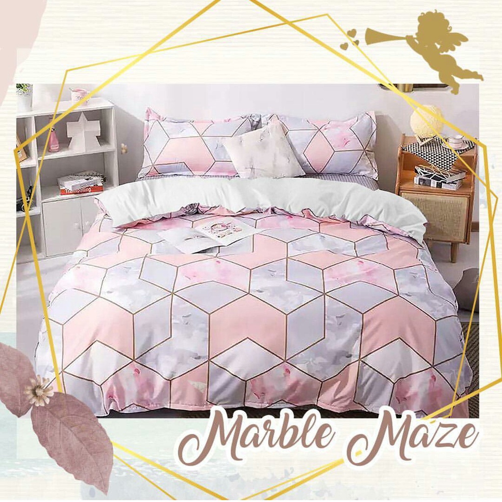 Bahan kain sprei meteran katun lokal CVC Star motif geometri pink cantik Marble Maze