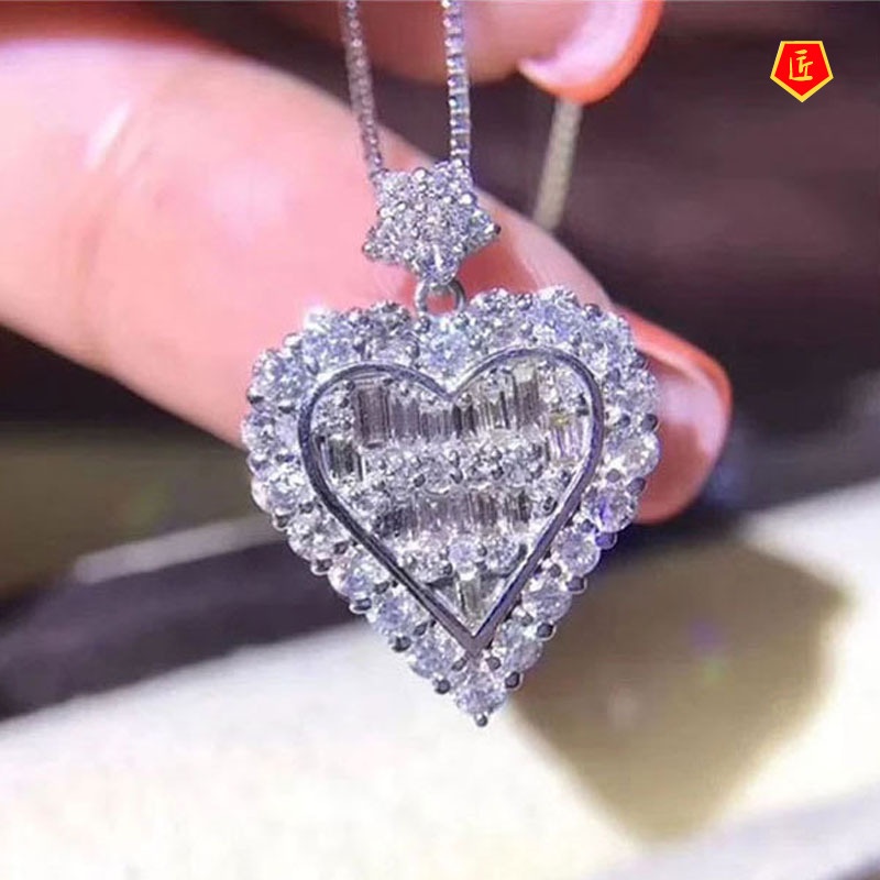 [Ready Stock]Heart-Shaped Full Diamond Pendant Moissanite Ring Earings Set