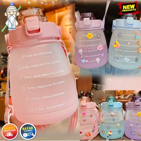 ❤️ SUHU ❤️ BOTOL MINUM MOTIVASI GEMOY VIRAL GRADIASI PASTEL PENANDA WAKTU QUITFIT 1.3 LITER 1300ML STICKER 3D