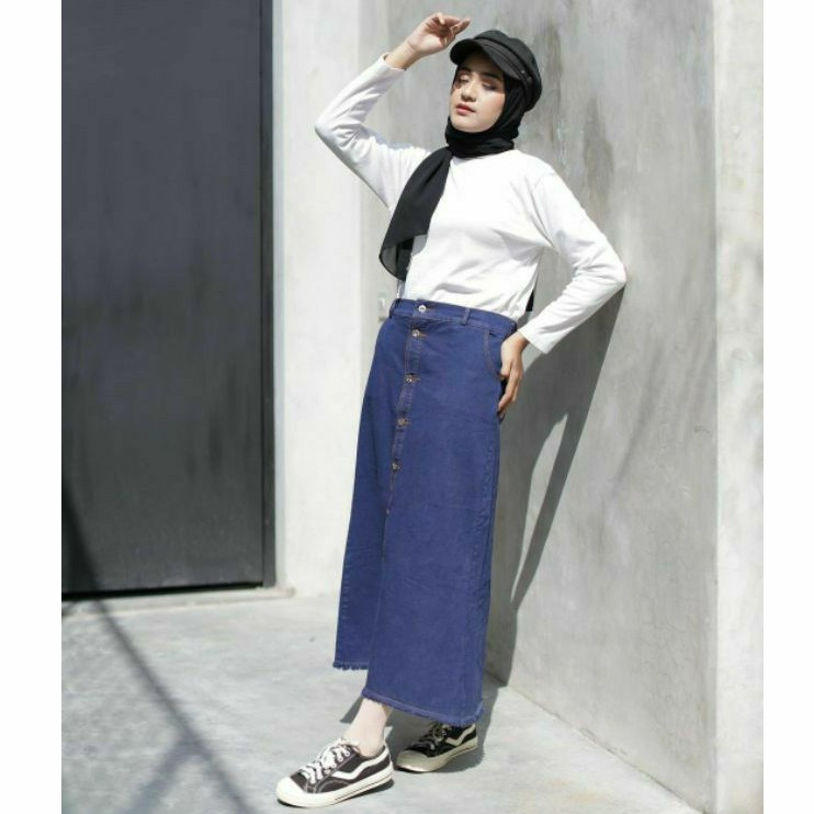 ROK JEANS KANCING BUTTON DENIM SKIRT SNOW