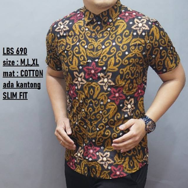 KEMEJA BATIK SLIMFIT PRIA EKSKLUSIF LENGAN PENDEK WARNA GOLD LBS 690