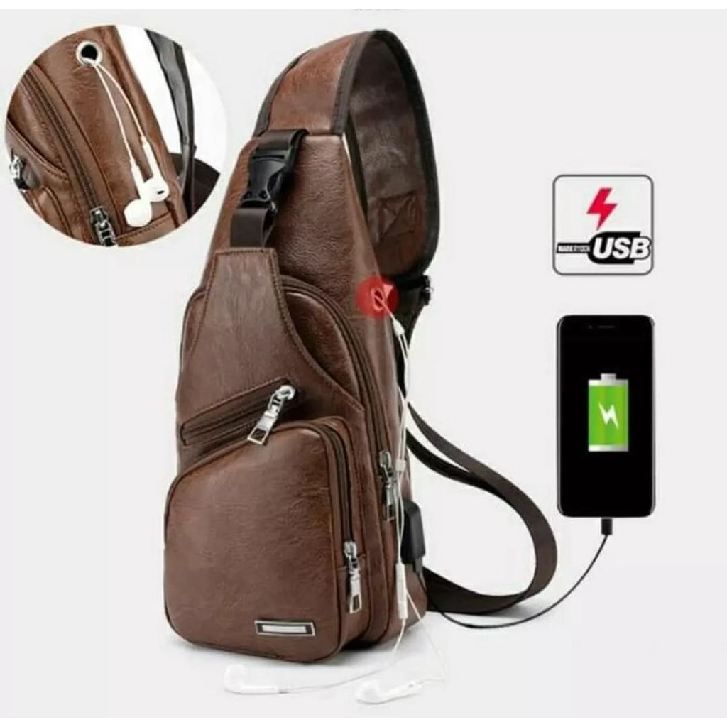 Selempang Kulit Pria Tas Hp/Tas Dada Usb/Sling Bag Usb Kulit/Selempang Sling Bag Free Sako Wallet