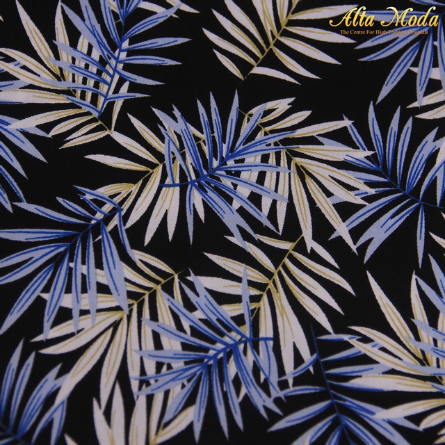 

Alta Moda Katun Stretch Hitam Motif Daun Kelapa Biru Putih(1M)
