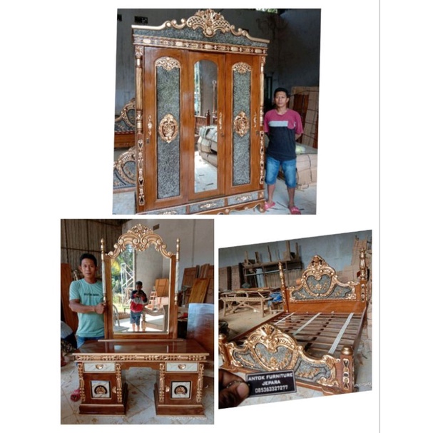 set kamar jati ukiran cinta mebel furniture Jepara lemari pakaian tempat tidur meja rias