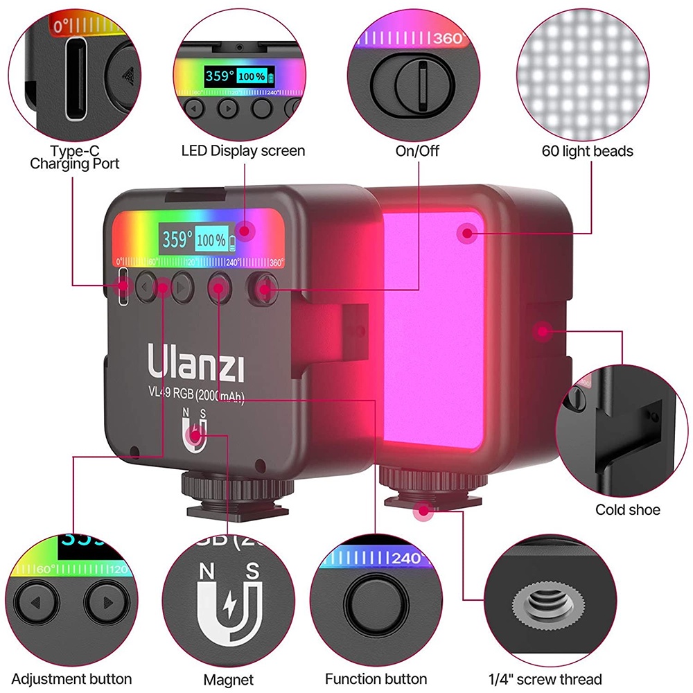 Ulanzi Lampu Kamera Mini RGB LED Rechargable Video Light 2000mAh