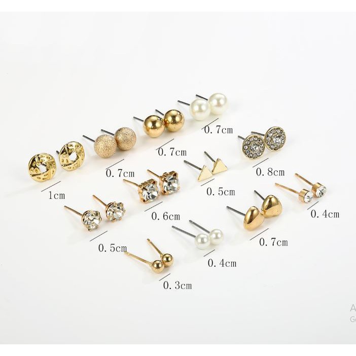 ✿AYN✿  12 Pasang Anting Set Pasangan FA29 Pearl Crystal Stud Triangle Bar Stud earrings set