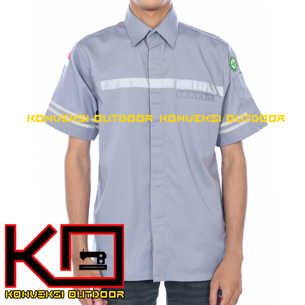 KEMEJA WEARPACK BAJU SAFETY K3 OUTDOOR INDOOR - Seragam Kemeja Kerja Lapangan Lengan Pendek Proyek Bangunan Tambang Alat Berat PLN Enginer Instalasi Mesin werpek sefti Scotlit Warna Abu Konveksi Outdoor