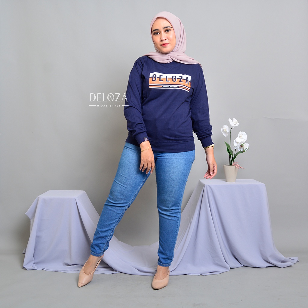 Sweetshirt Wanita Sablon Atasan Wanita Kaos Lengan Panjang Terbaru Blouse Jumbo Original Deloza Rib