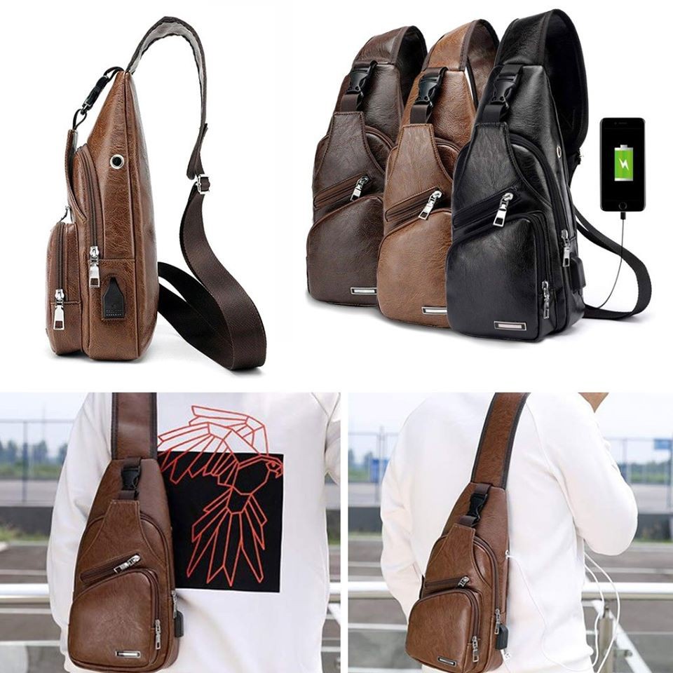 Tas Selempang usb Pria Sling Bag Kulit + USB Port IMPORT / tas kulit pria Bahan Kulit asli / Waistba