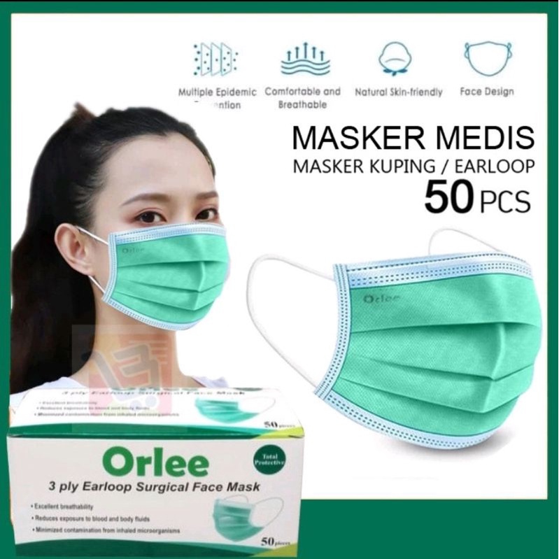 [ HIJAU EARLOOP SURGICAL FACE MASK ORLEE ] MASKER EARLOOP MEDIS ORLEE