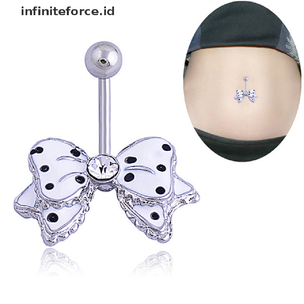 Infiniteforce.id Cincin Tindik Pusar Wanita Desain Pita Hias Kristal Hitam Putih