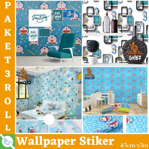 TERMURAH PAKET WALLSTIKER 3ROLL ( BUY 2 GET 1FREE ) WALLPAPER STIKER DINDING PVC PREMIUM HIGH QUALITY MOTIF KARAKTER DORAEMON MODERN 3D BEST SELLER !!!!!!!!