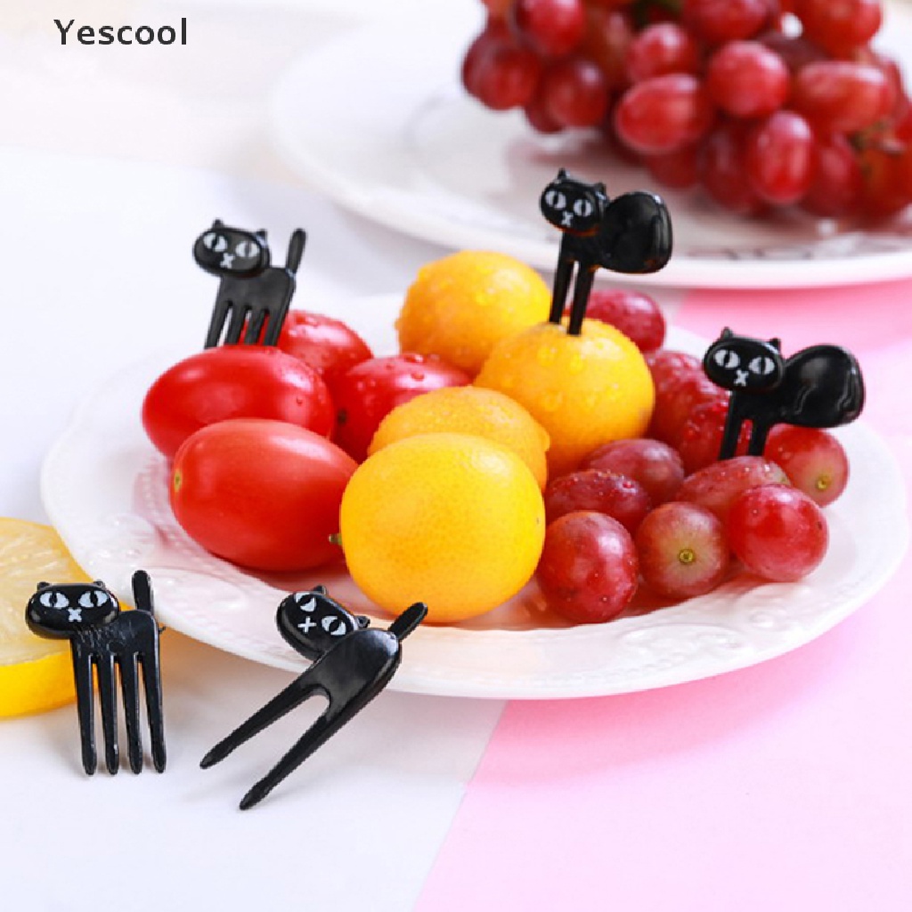 Yescool 6Pcs Tusuk Gigi Buahdessert Desain Kucing Hitam Untuk Dekorasi