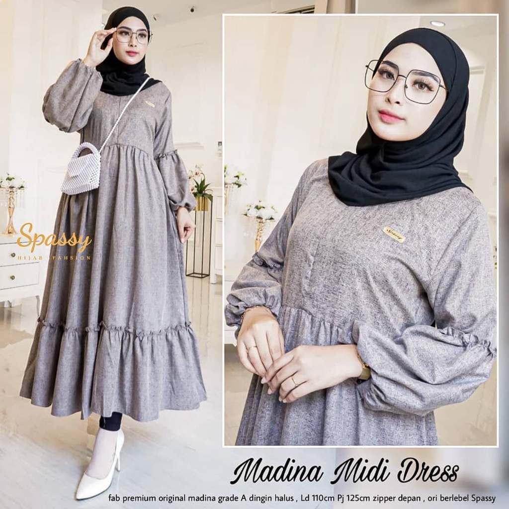 Madina Midi Dress Gamis Busui Lengan Balon Dress Maxi Jumbo Polos Pakaian Wanita Korean Style Model Terbaru