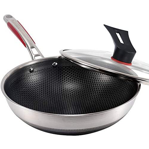 stainles steel honeycomb wok with glass lid non stick 304 stainless