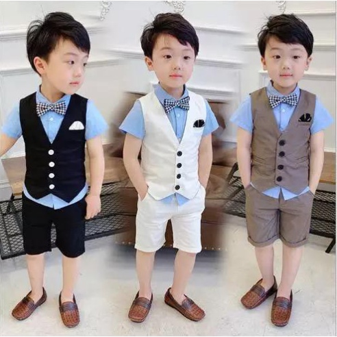 Baju Setelan Anak Cowok Laki-laki Umur 4 5 6 Tahun Keren Kemeja Rompi Vest set vestfour 3in1 Premium
