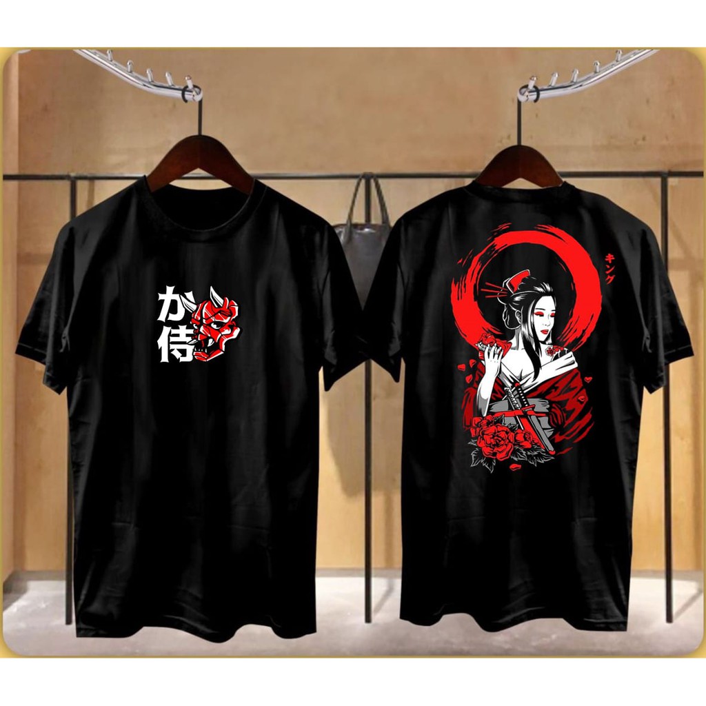  kaos  oblong distro samurai  geisha bunga black Shopee 