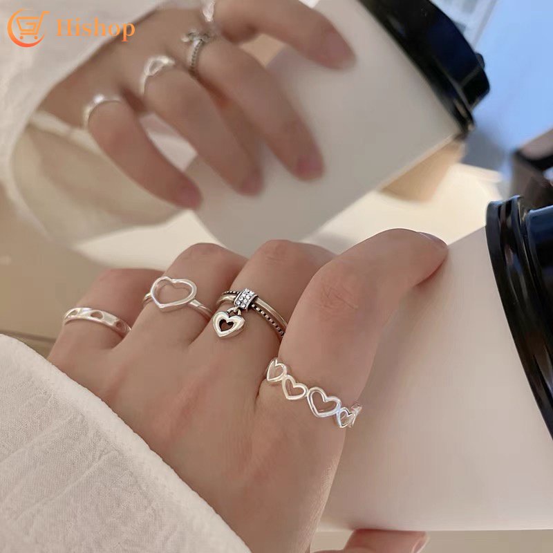 4pcs / Set Cincin Silver Desain Hati Hollow Gaya Retro Untuk Wanita