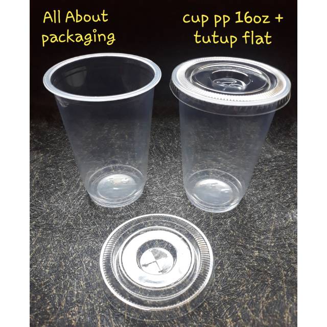 Gelas plastik pp 16oz + tutup flat / cup plastik 16oz polycup