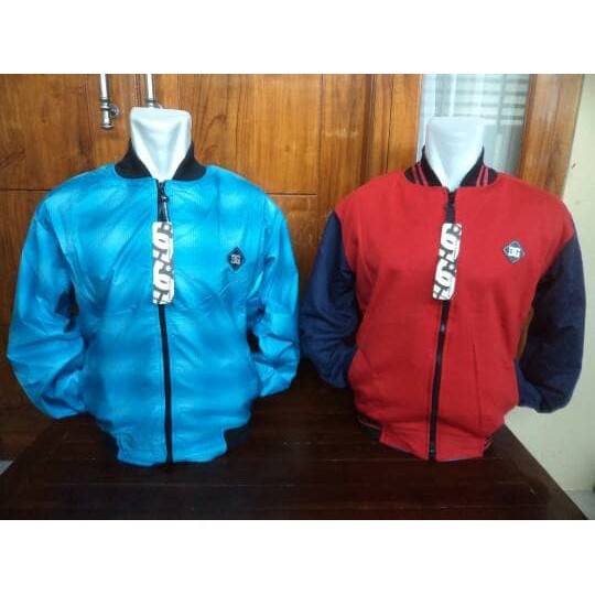 Jaket Varsity Bolak Balik DC | Kombinasi Biru Turkis - Merah | Parasut