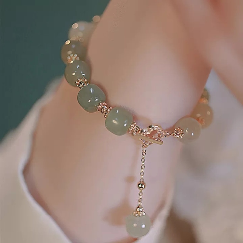 Gelang Tangan Manik-Manik Giok Hetian Imitasi Aksen Daun Clover + Mutiara + Zircon Untuk Perhiasan Wanita