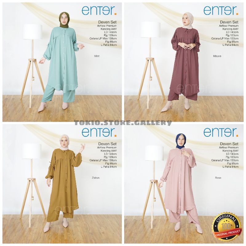 Deven satu set baju muslimah jumbo ld 140 bahan airflow | setelan long tunik dan celana ori enter