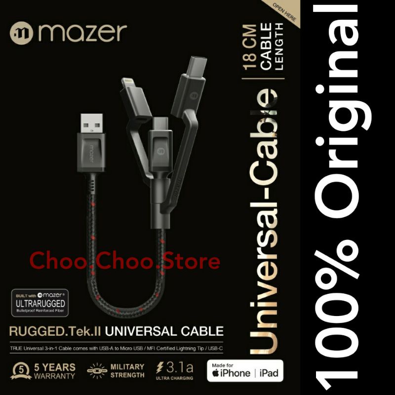 Mazer Original Kabel 3 in 1 Type C Micro USB A Lightning MFI Fast Charging Rugged Data Cable Cas Cas