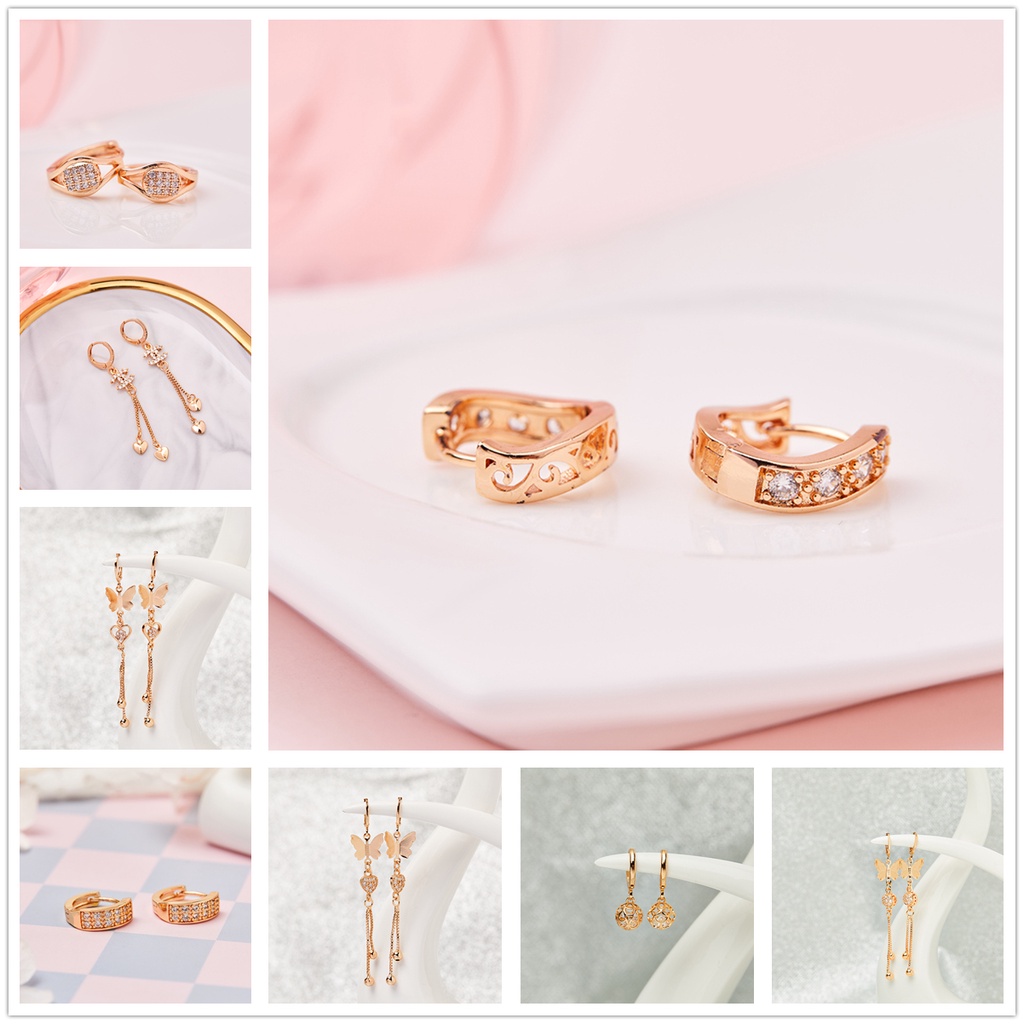 Y135 Anting Wanita Titanium Korea Dewasa Jepit Emas Berlian Anti Karat Anti Luntur-1