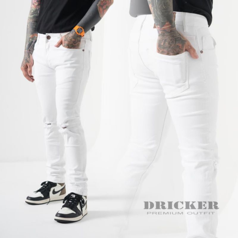 CELANA JEANS PUTIH FULL ROBEK LUTUT STYLE RIPPED OUTFIT HANGOUT PRIA MILINIAL