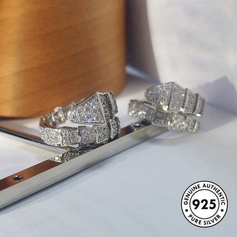 Cincin Model Terbuka Desain Ular Bahan S925 Silver Aksen Berlian