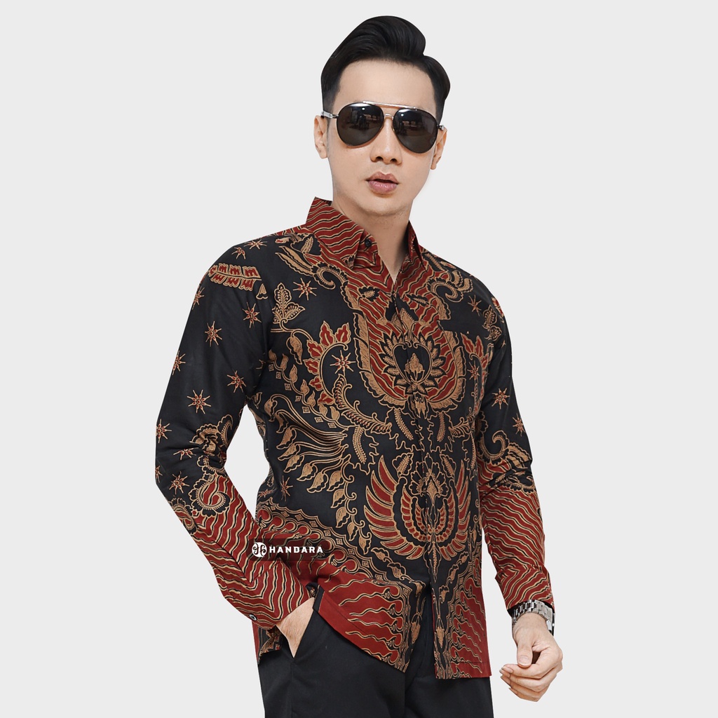 Baju Kemeja Batik Pria Lengan Panjang Slim Fit Premium Modern Full Furing Katun Halus Original Handara Motif Baraja Merah Maroon HB-117