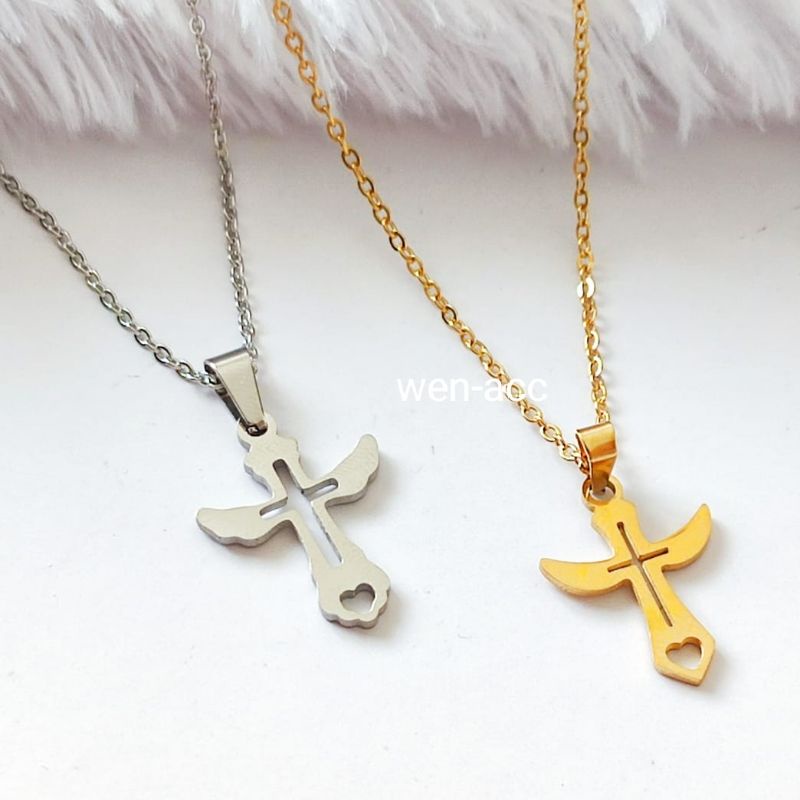 Kalung set Anting Titanium Salib Rohani Wanita A5