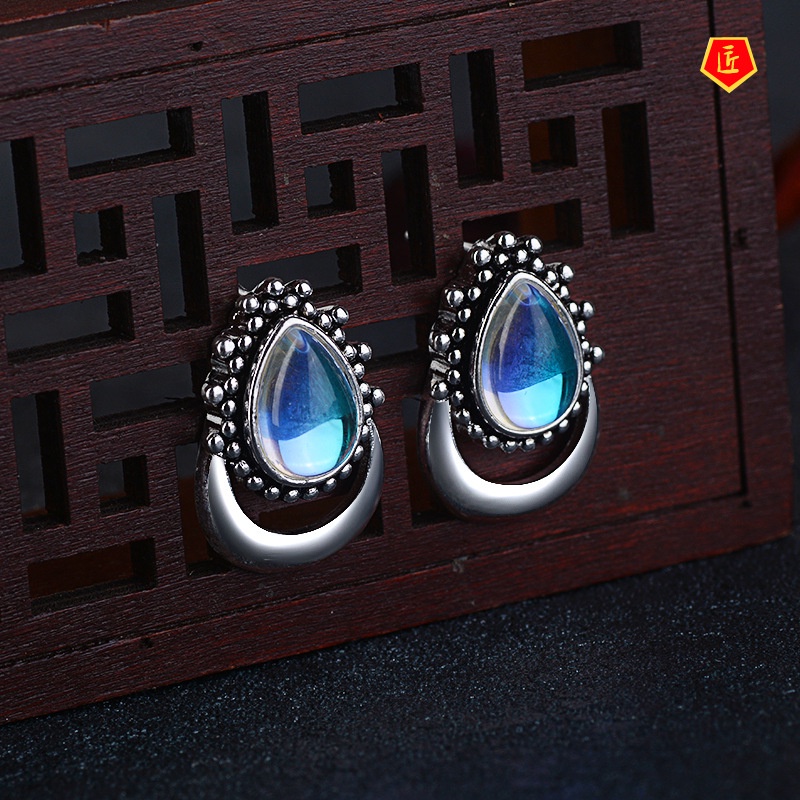 [Ready Stock]New Moonstone Vintage Silver Crescent Earrings