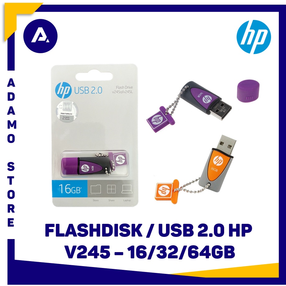 Flashdisk HP v245 16GB 32GB 64GB USB 2.0 Karet Ungu / Orange