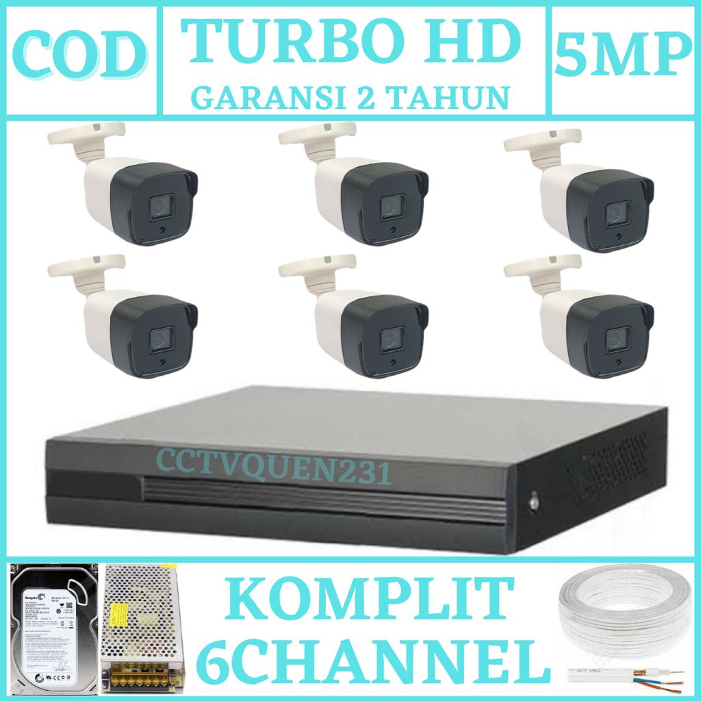 PAKET CCTV 8 CHANNEL 6 KAMERA TURBO HD 5MP IC SONY 1080P KOMPLIT TINGGAL PASANG