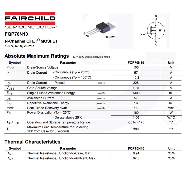 TRANSISTOR FQP70N10 TR FQP 70N10 TRANSISTOR MOSFET 57A 100V