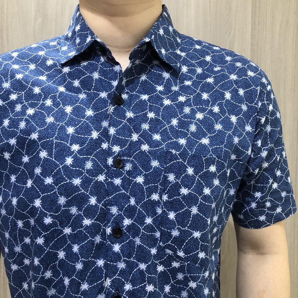 [GRIDLINE - R108 Blue &amp; Dark Grey] Kemeja Print Pria Katun Lengan Pendek Regular Print
