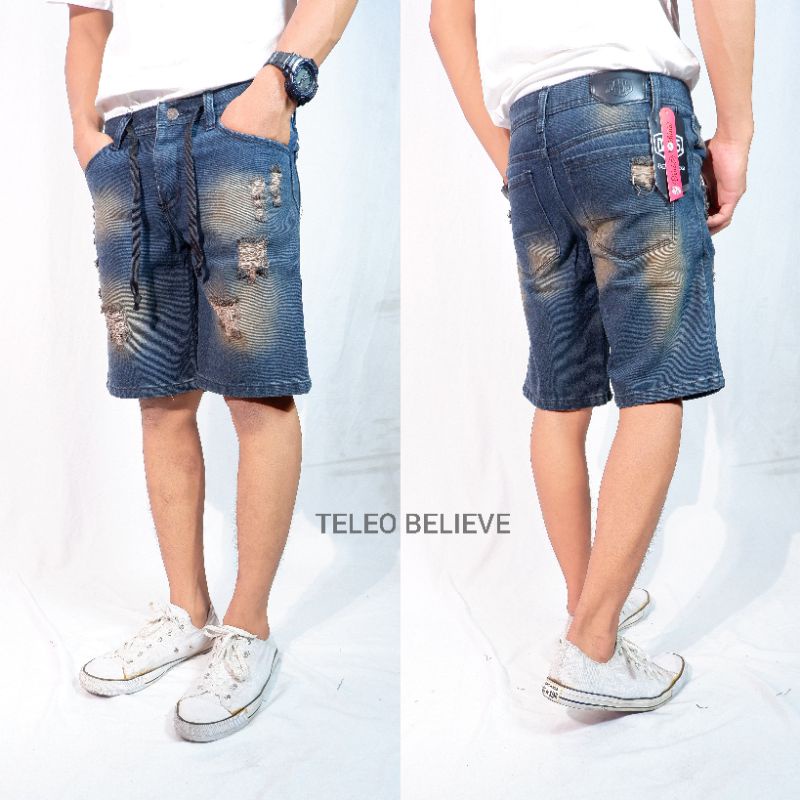 CELANA JEANS PENDEK SOBEK TALI KOLOR RAWIS / CELANA DISTRO PRIA RAWIS